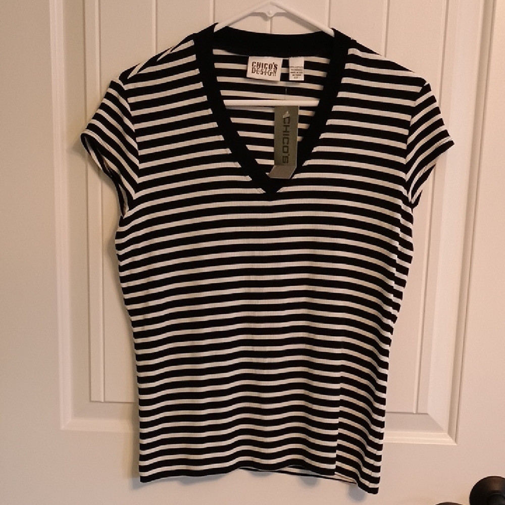 NWT Woman's Chico's Design Black and White Striped V-Neck Top-Size 1